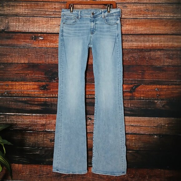 American Eagle Jeans 12 X-Long Kick Boot Mid Rise Light Wash Denim Stretch - Picture 2 of 10